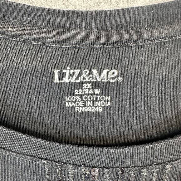 Liz & Me Top Womens Size 2X Black 100% Cotton Short Sleeve Sequins Pullover - Picture 4 of 10